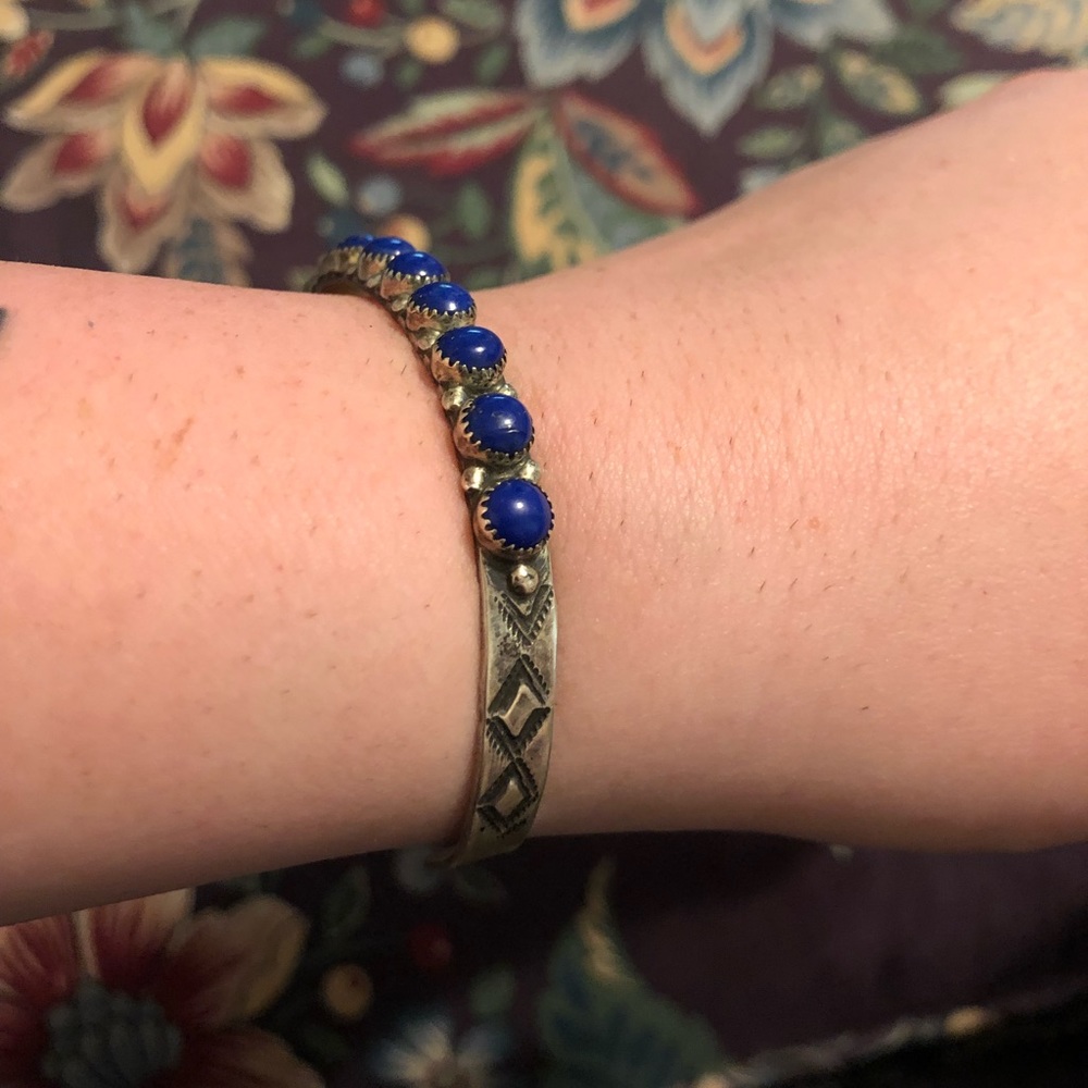 Vintage Lapis Navajo Stamped Sterling Silver Cuff